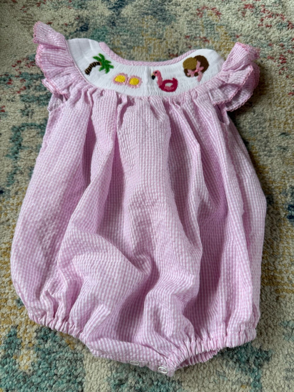 Baby Pink Smocked Bubble Romper with Tropical Embroidery